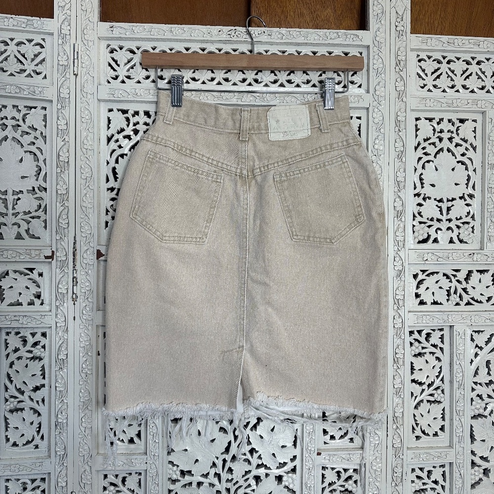 Vintage 80's 90's Khaki Neutral Retro Boho Raw Hem Denim Skirt Sz XS - Picture 4 of 7